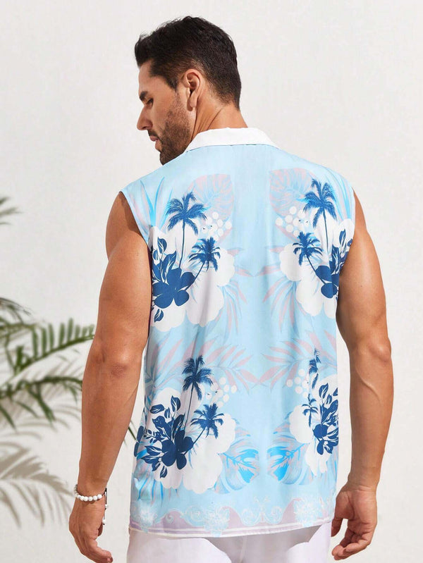 Men's Lightweight Breathable Hawaiian Beach Vacation Surfing Floral Print Slim Fit Sleeveless Shirt