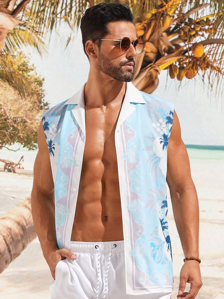 Men's Lightweight Breathable Hawaiian Beach Vacation Surfing Floral Print Slim Fit Sleeveless Shirt