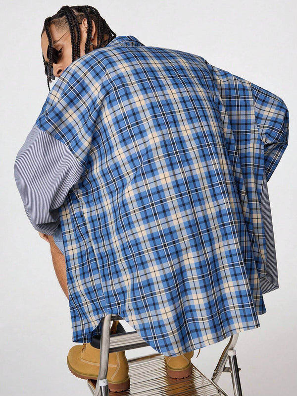 Men's Loose Fit Striped & Plaid Pattern Long Sleeve Shirt