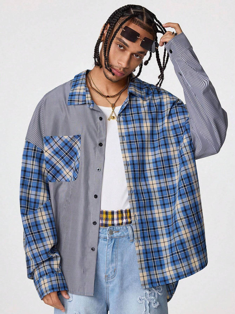 Men's Striped & Plaid Pattern Long Sleeve Shirt