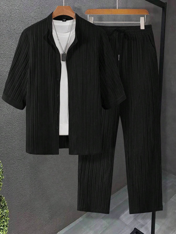 Men's Black Mid Sleeve Casual Button-Up Shirt and Drawstring Waist Pants Set