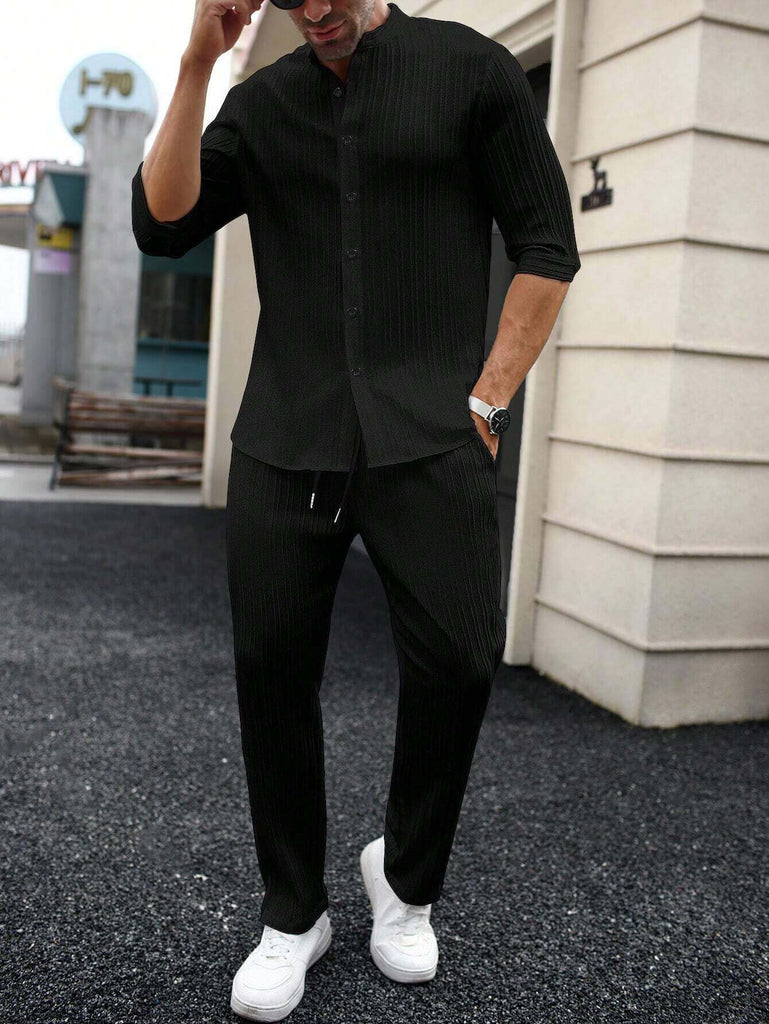 Men's Black Mid Sleeve Casual Button-Up Shirt and Drawstring Waist Pants Set