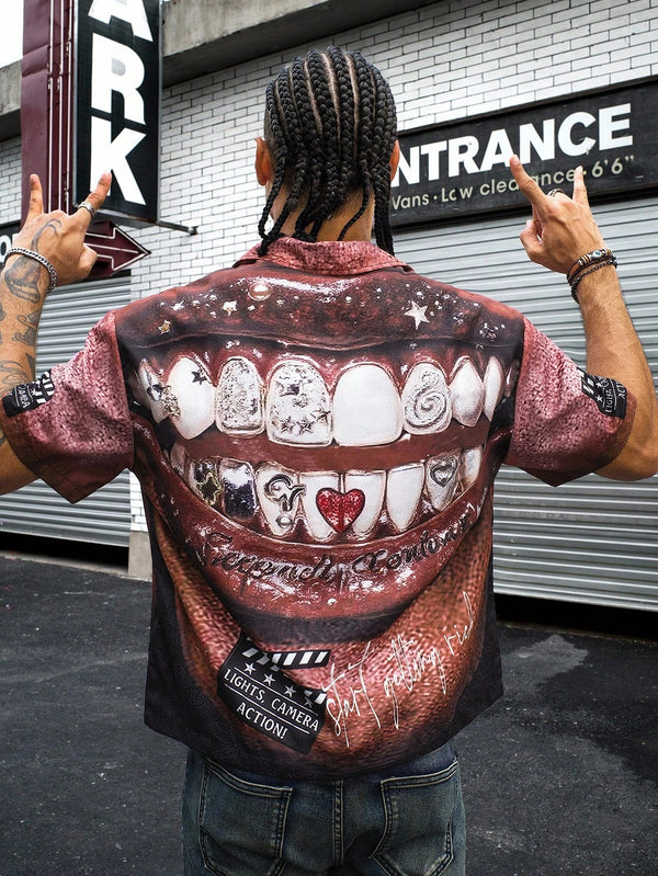 Men's Mouth Pattern Digital Printing Fashionable Zip Up Shirt