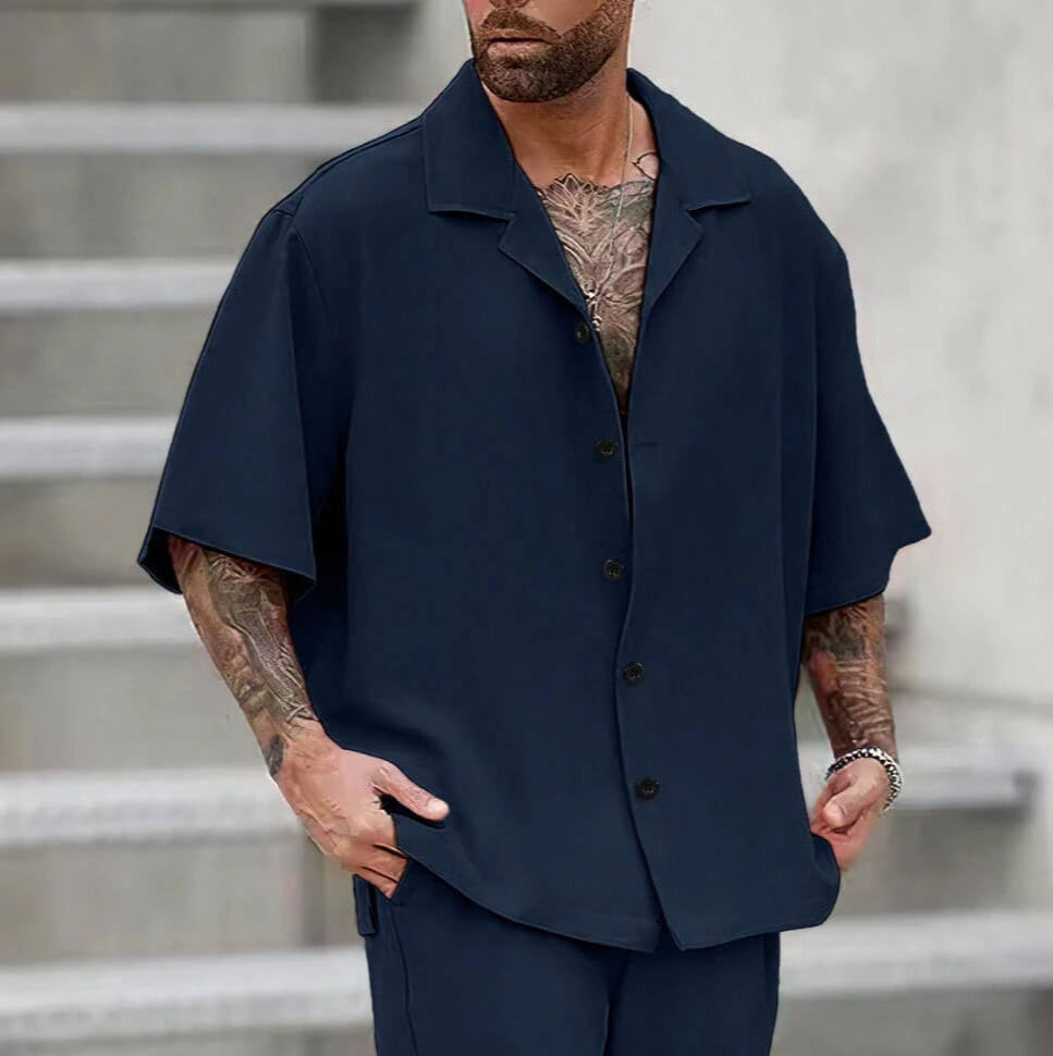 Men's Royal Blue Solid Color Lapel Neck Short Sleeve Shirt