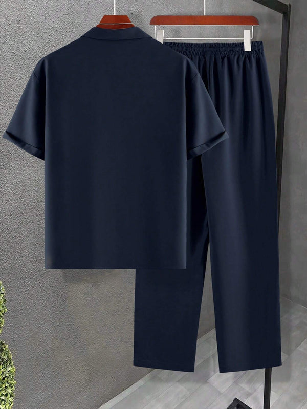 Men's Navy Blue Solid Color Lapel Neck Short Sleeve Shirt & Pants Set