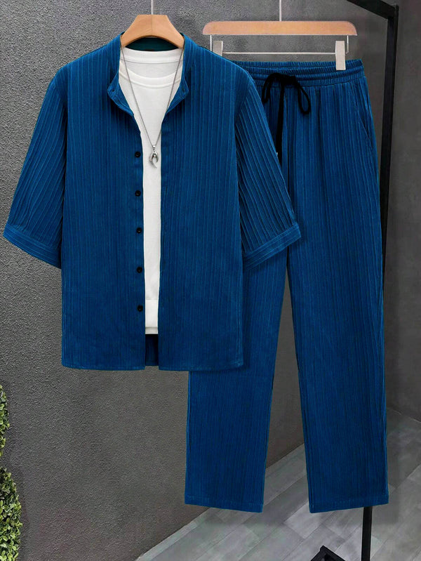 Men's Ocean Blue Mid Sleeve Casual Button-Up Shirt and Drawstring Waist Pants Set