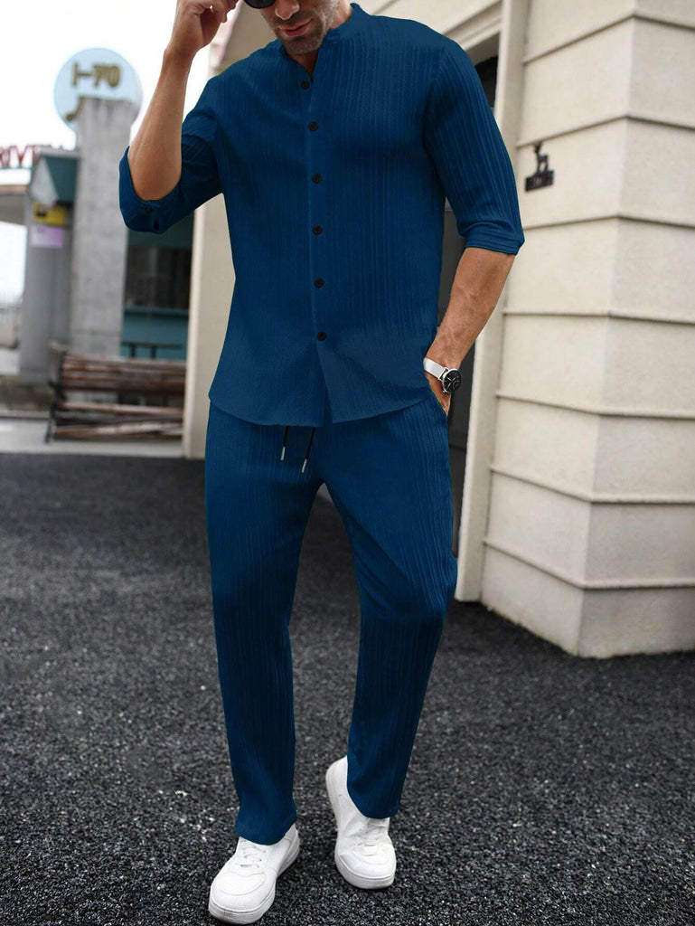 Men's Ocean Blue Mid Sleeve Casual Button-Up Shirt and Drawstring Waist Pants Set