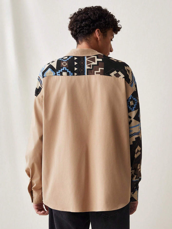 Men's Patch Work Printed Long Sleeve Shirt