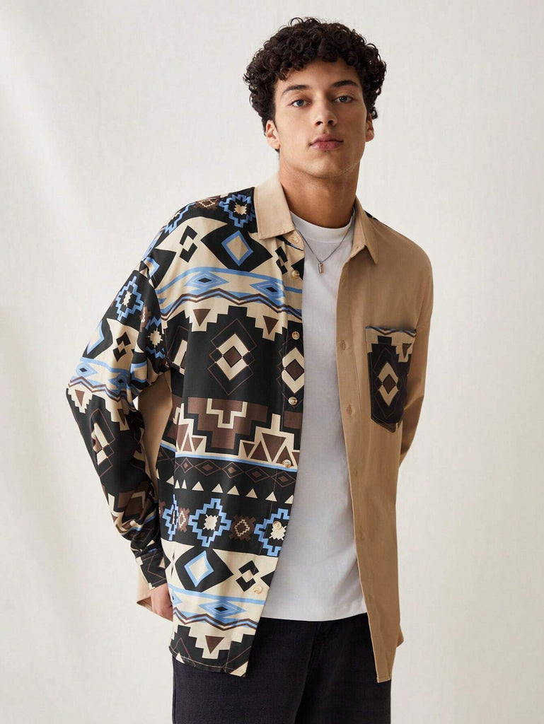 Men's Patch Work Printed Long Sleeve Shirt