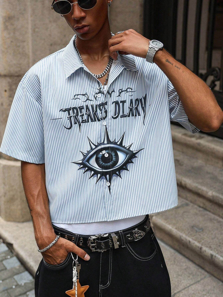 Men's Preppy Style,Featuring A High-Street Hip-Hop Oversized, Monster With A Spiked Mouth Print And Blue Stripes Shirt