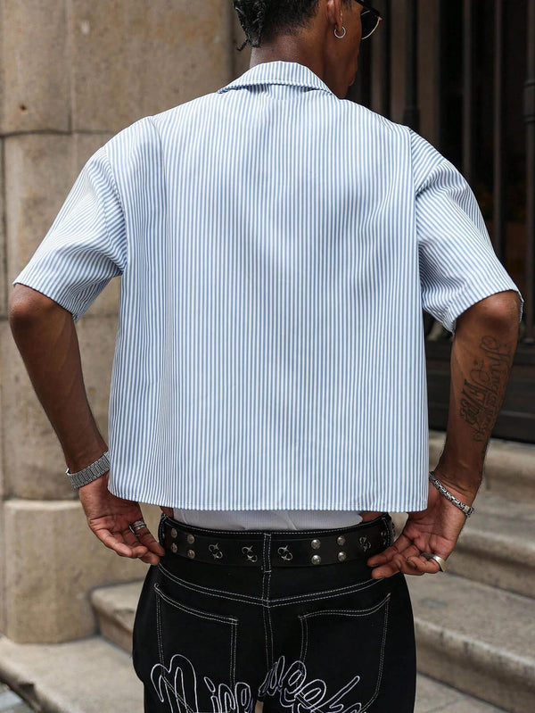 Men's Preppy Style,Featuring A High-Street Hip-Hop Oversized, Monster With A Spiked Mouth Print And Blue Stripes Shirt