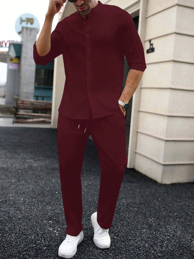 Men's Red Mid Sleeve Casual Button-Up Shirt and Drawstring Waist Pants Set