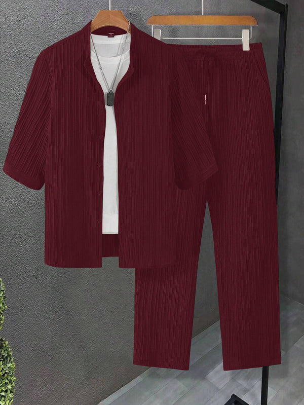 Men's Red Mid Sleeve Casual Button-Up Shirt and Drawstring Waist Pants Set