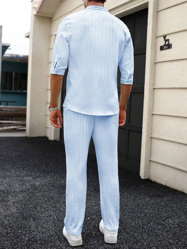 Men's Sky Blue Mid Sleeve Casual Button-Up Shirt and Drawstring Waist Pants Set