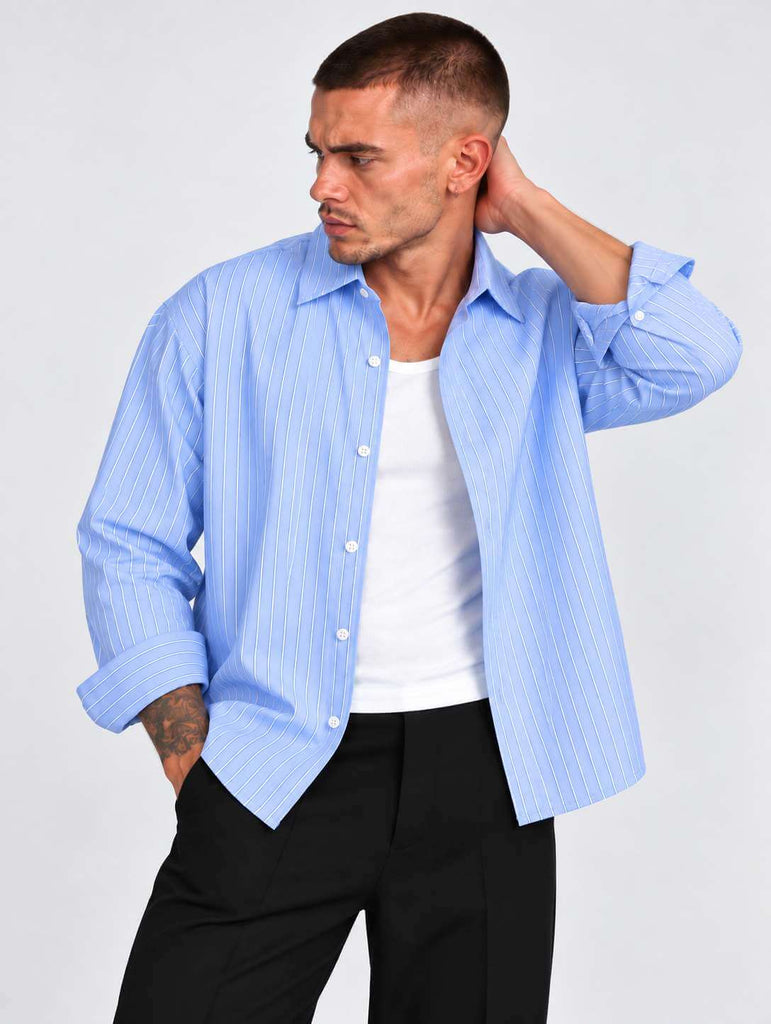 Men's Sky Blue Pinstripe Long Sleeve Shirt