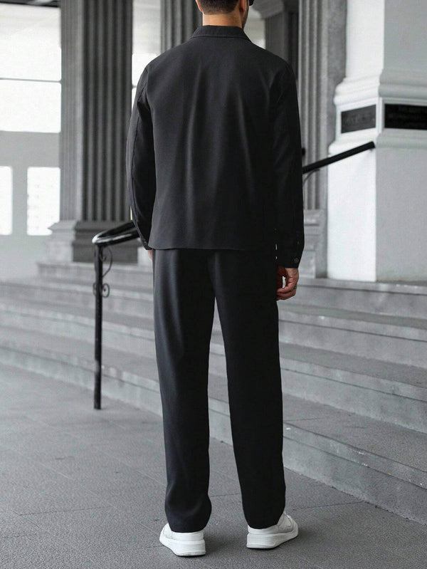 Men's Solid Color Collar Zip-Up Shirt And Drawstring Waist Long Pant