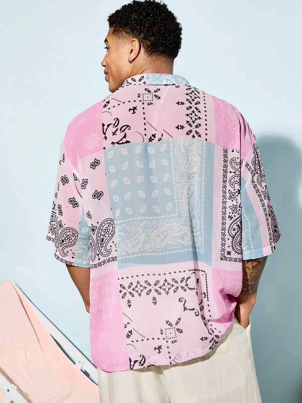 Men's Summer Casual Loose Beach Short Sleeve Shirt With Paisley Print