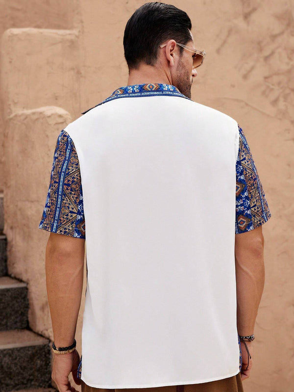 Men's Summer Geometric Printed Casual Shirt Patchwork Design