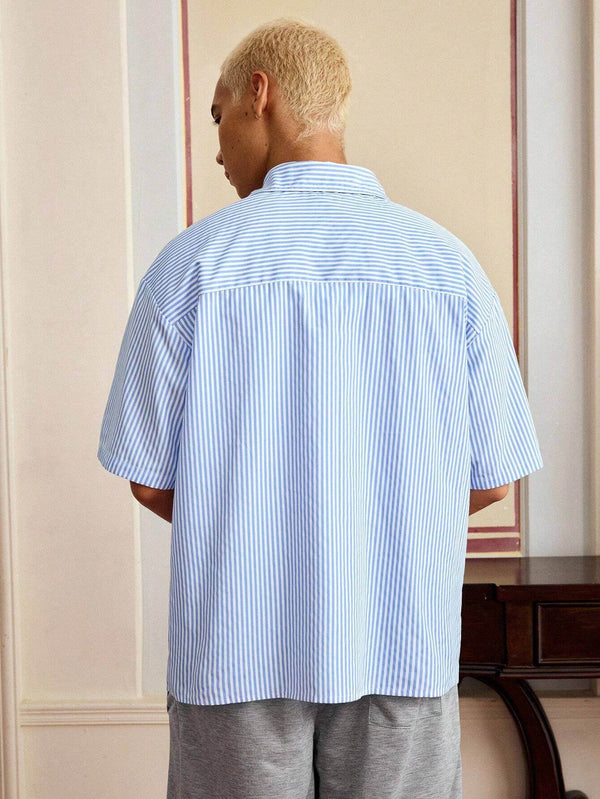 Men's Summer Slogan Striped Short Sleeve Single-Breasted Casual Shirt