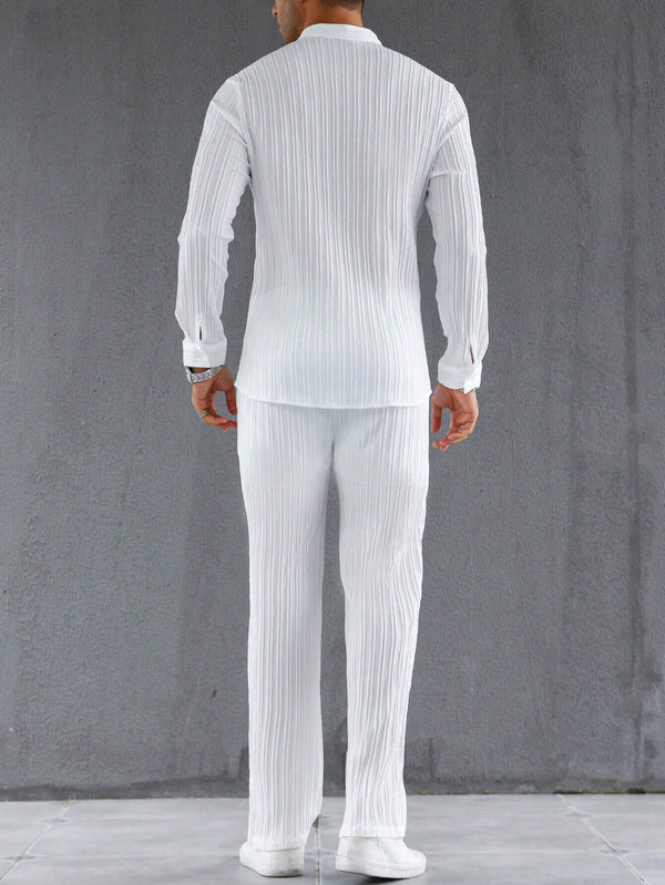 Men's White Buttoned Half Placket Long Sleeve Shirt With Long Pant Two-Piece Set