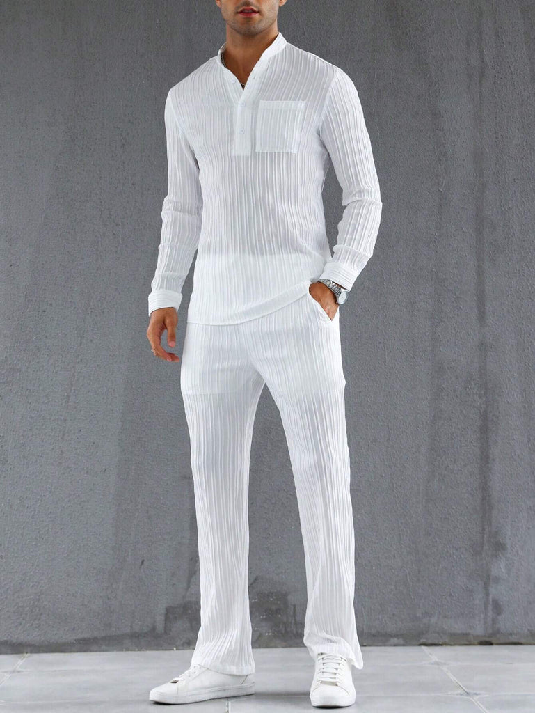 Men's White Buttoned Half Placket Long Sleeve Shirt With Long Pant Two-Piece Set