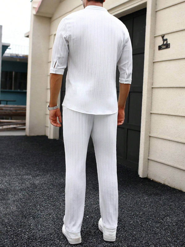 Men's White Mid Sleeve Casual Button-Up Shirt and Drawstring Waist Pants Set