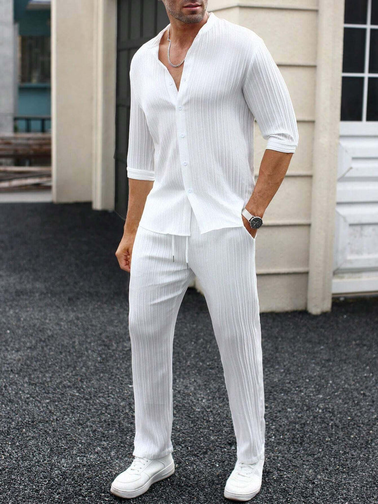 Men's White Mid Sleeve Casual Button-Up Shirt and Drawstring Waist Pants Set