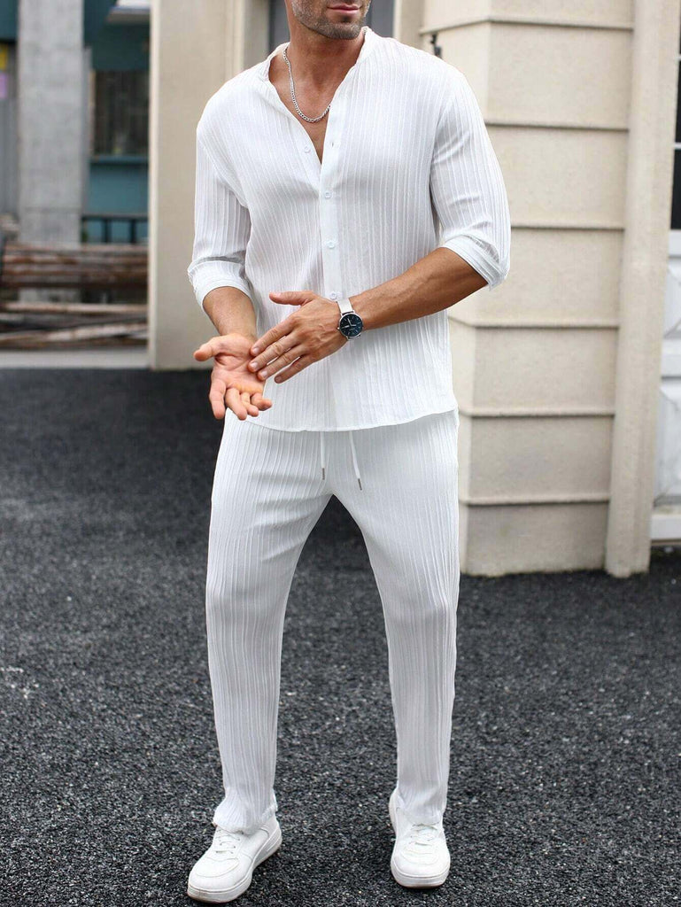 Men s White Mid Sleeve Shirt and Drawstring Waist Pants Set Roar Fox