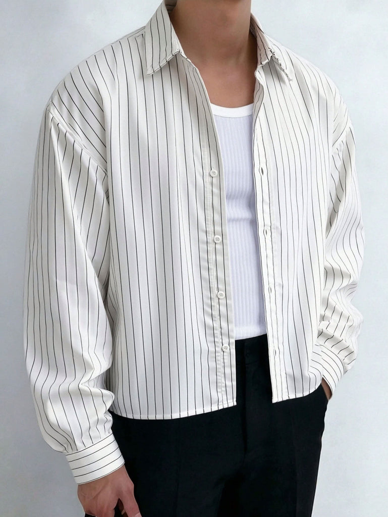 Men's White Pinstripe Long Sleeve Shirt 