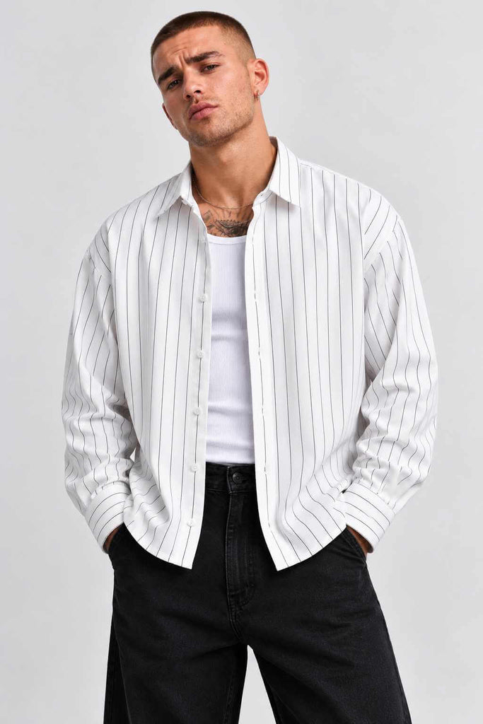 Men's White Pinstripe Long Sleeve Shirt