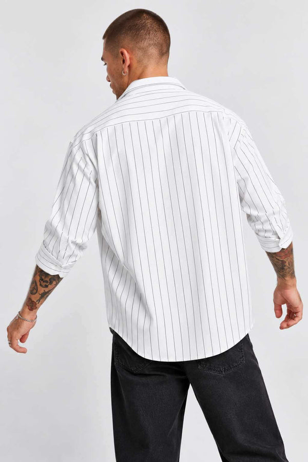 Men's White Pinstripe Long Sleeve Shirt