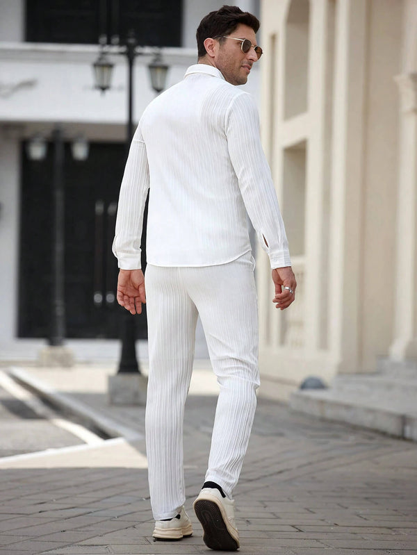 Men's White Regular Collar Long Sleeve Shirt With Long Pant Two-Piece Set