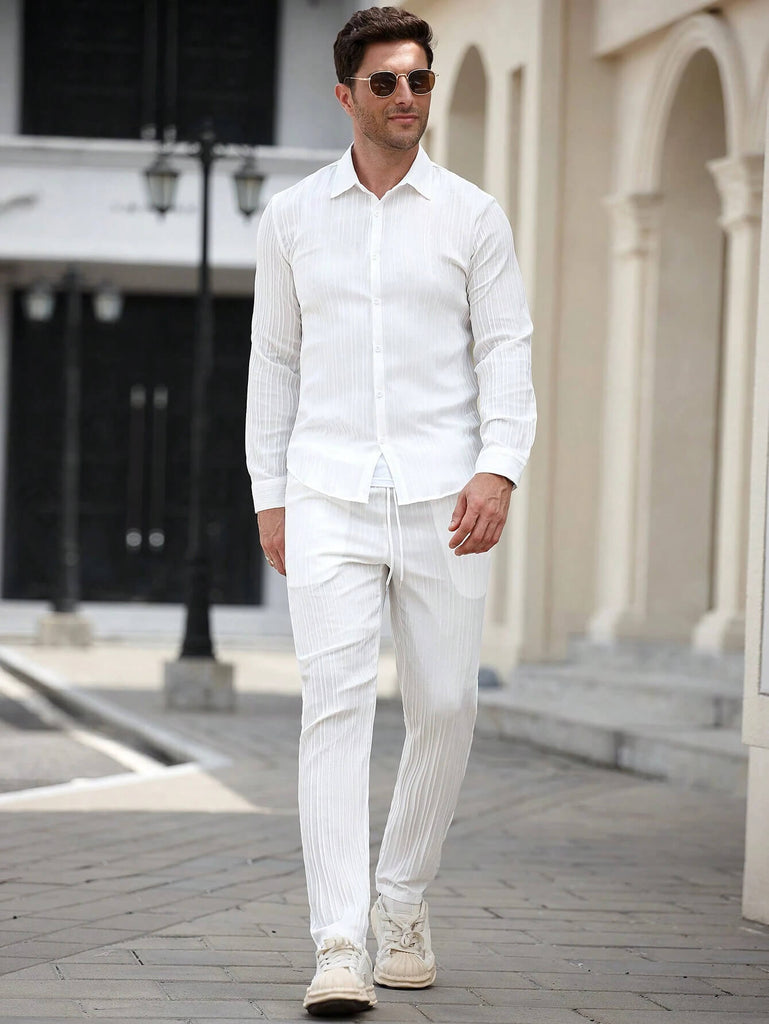 Men's White Regular Collar Long Sleeve Shirt With Long Pant Two-Piece Set