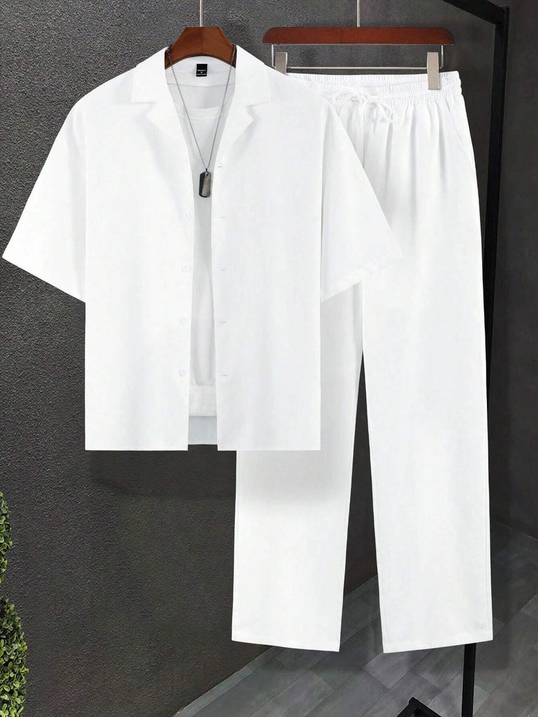 Men's White Solid Color Lapel Neck Short Sleeve Shirt & Pants Set