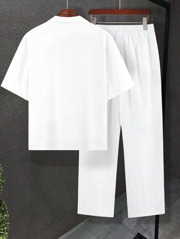 Men's White Solid Color Lapel Neck Short Sleeve Shirt & Pants Set