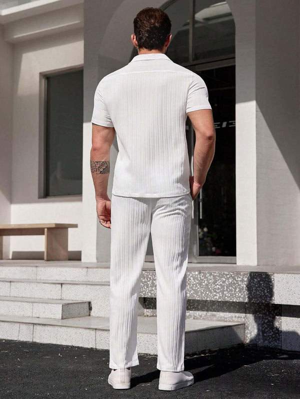 Men's White Solid Short Sleeve Shirt With Long Pant Two-Piece Set 