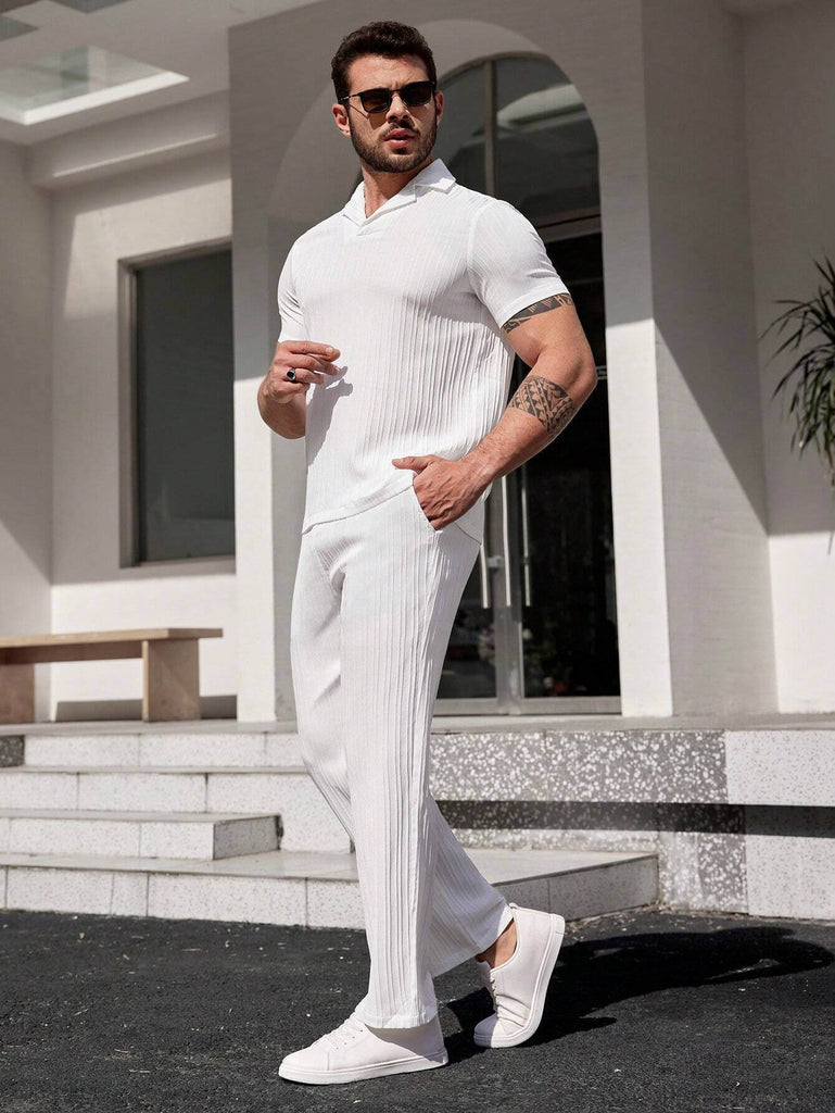 Men's White Solid Short Sleeve Shirt With Long Pant Two-Piece Set 