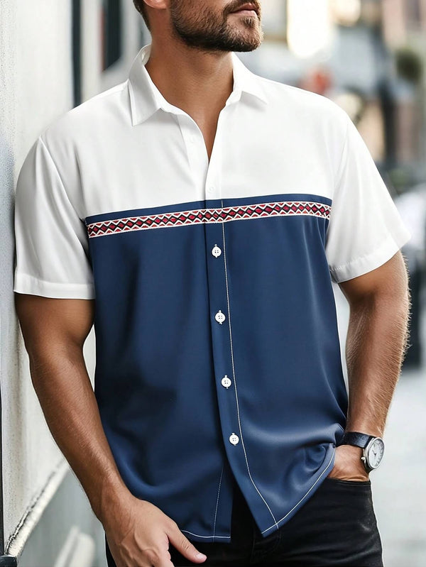 Men's White & Navy Contrast Color Breathable Soft Comfortable Pattern Print Shirt 