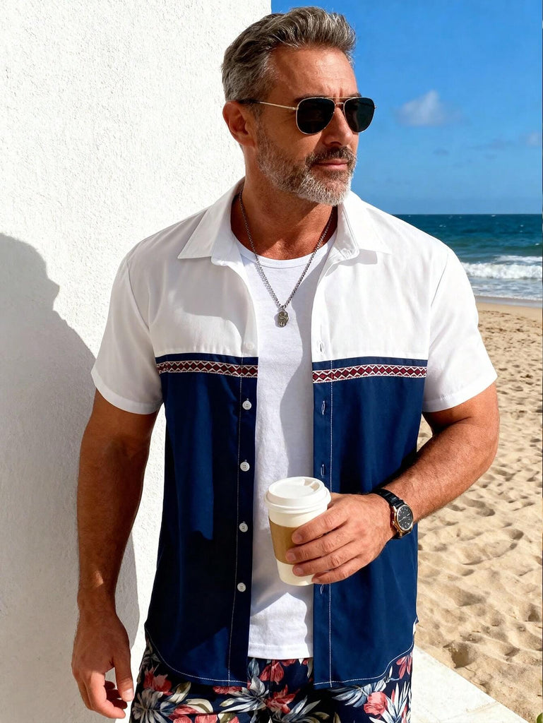 Men's White & Navy Contrast Color Breathable Soft Comfortable Pattern Print Shirt 