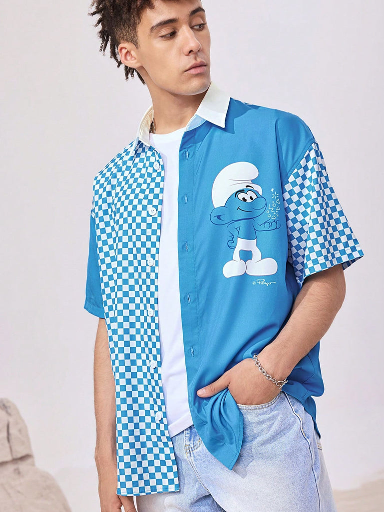 Men's Cartoon & Patchwork Checkerboard Printed