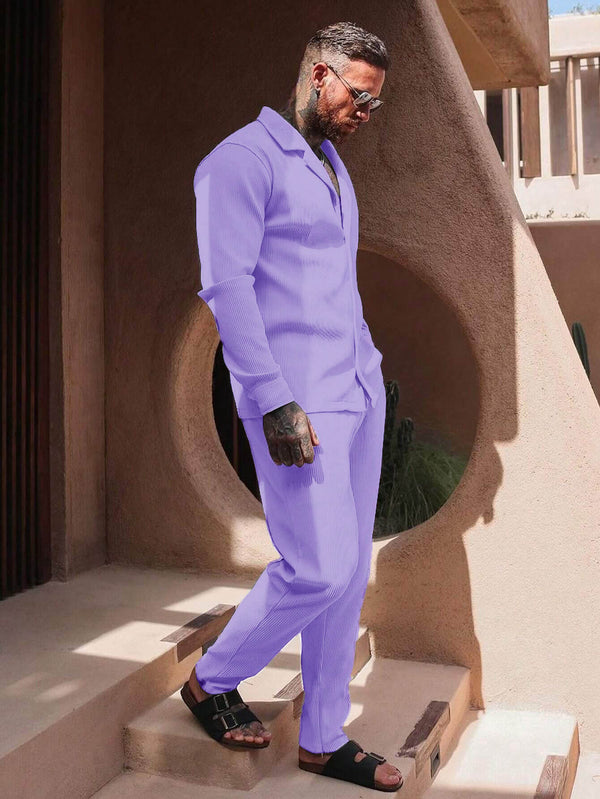 Men's Casual Fashion Light Purple Autumn and Winter Long Sleeve Shirt & Pants Set