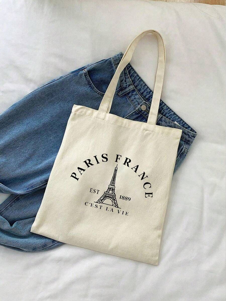 PARIS FRANCE Alphabet Print Pattern Zipper Tote Bag