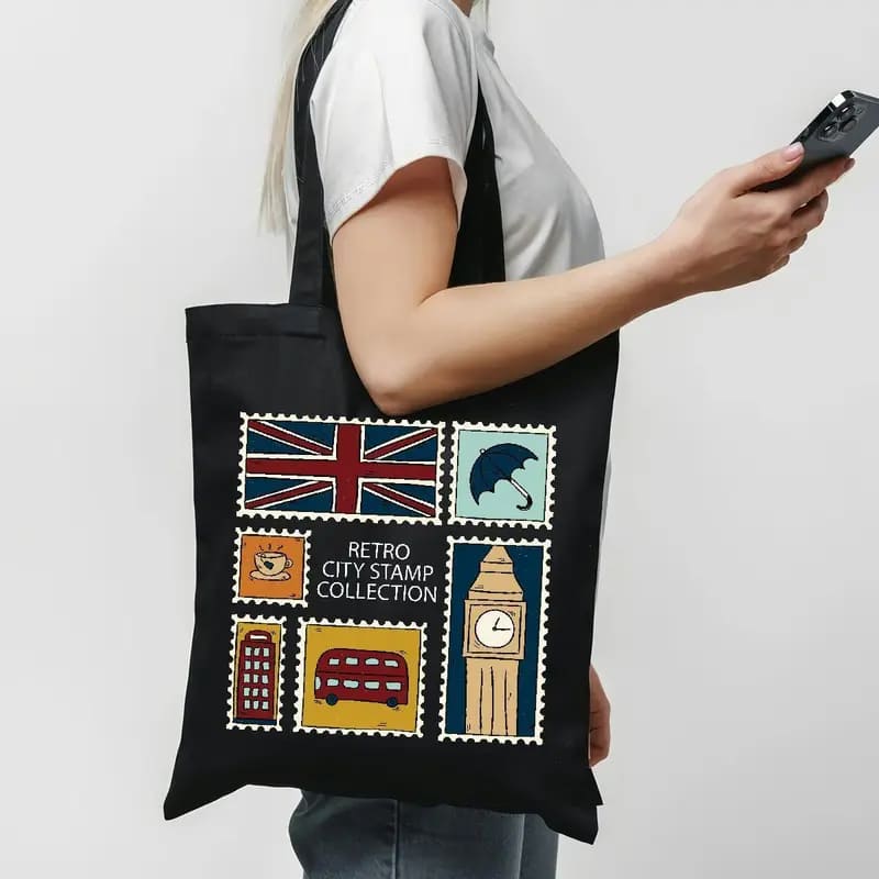 Retro London Themed Zipper Tote Bag