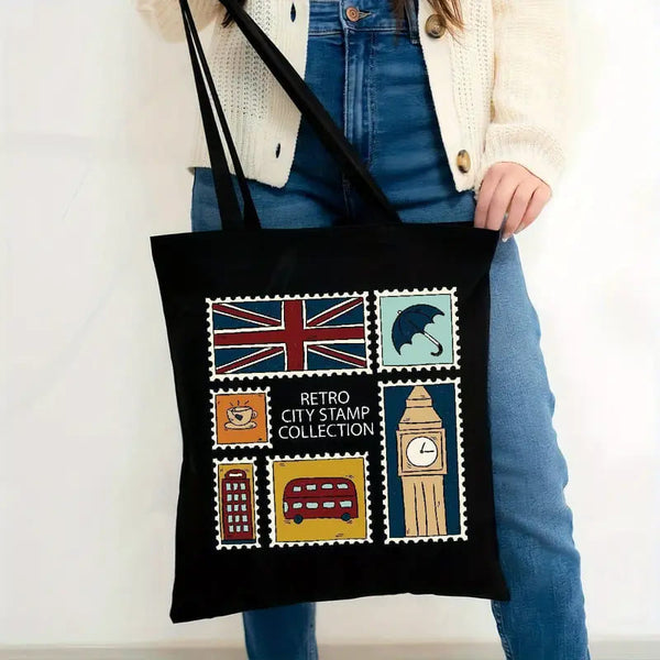 Retro London Themed Zipper Tote Bag