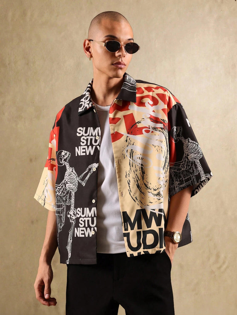 Skeleton Graphic Print Boxy Button Up Shirt
