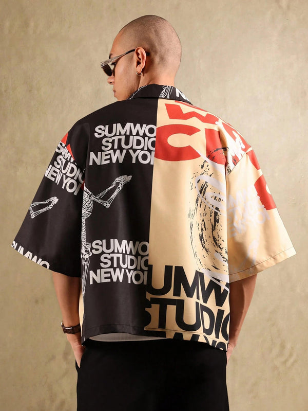 Skeleton Graphic Print Boxy Button Up Shirt