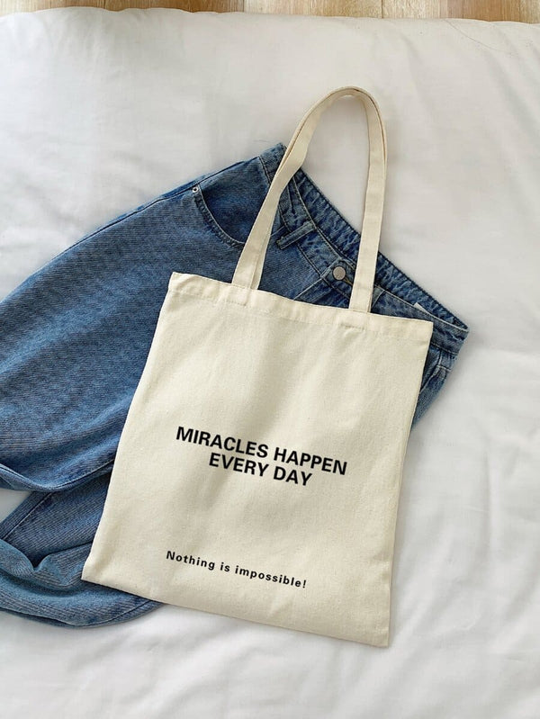 Slogan Graphic Canvas Zipper Tote Bag
