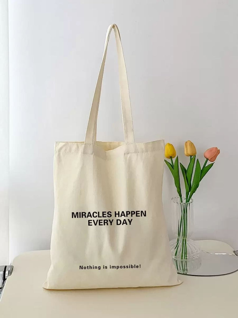 Slogan Graphic Canvas Zipper Tote Bag