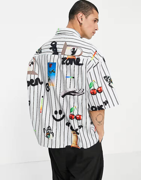 Stripe & Conversational White Print Shirt