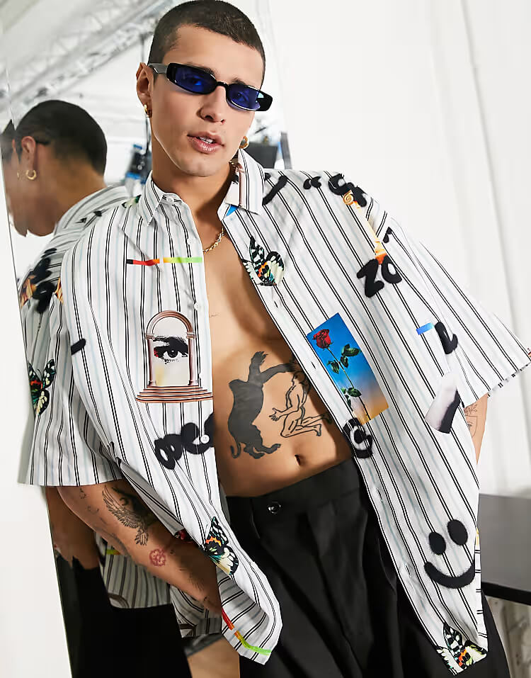 Stripe & Conversational White Print Shirt